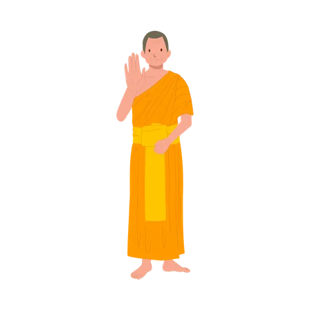 Thai Monk In Traditional Robes With Symbolic Hand Gesture NO Do Not Or Stop 일러스트레이션