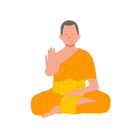 Sitting Thai Monk In Traditional Robes With Symbolic Hand Gesture NO Do Not Or Stop 일러스트레이션