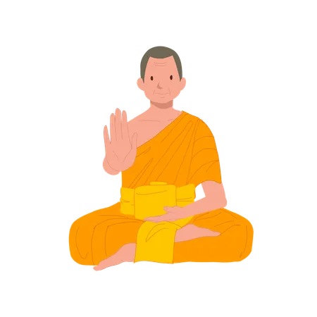 Sitting Thai Monk In Traditional Robes With Symbolic Hand Gesture NO Do Not Or Stop イラスト