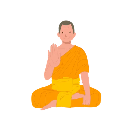 Sitting Thai Monk In Traditional Robes With Symbolic Hand Gesture NO Do Not Or Stop Illustration