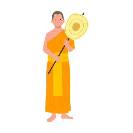 Thai Monk in Traditional Robes with talipot fan  일러스트레이션