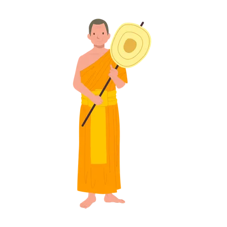 Full Length Standing Thai Monk In Traditional Robes With Talipot Fan Illustration