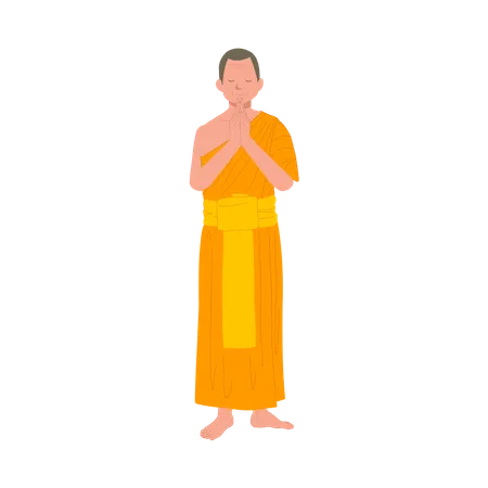 Full Length Standing Thai Monk Praying Illustration