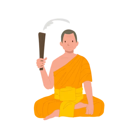 Sitting Thai Monk Sprinkle The Holy Water Illustration