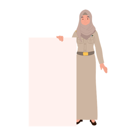 Thai muslim female teacher in government uniform holding blank sign  Illustration