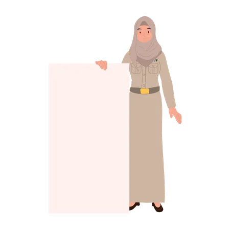 Thai muslim female teacher in government uniform holding blank sign  Illustration