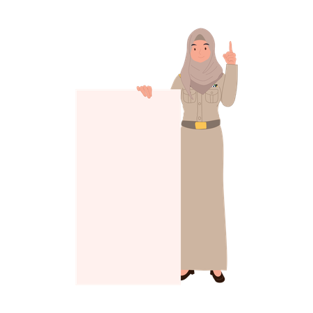 Thai muslim female teacher in government uniform holding blank sign  Illustration