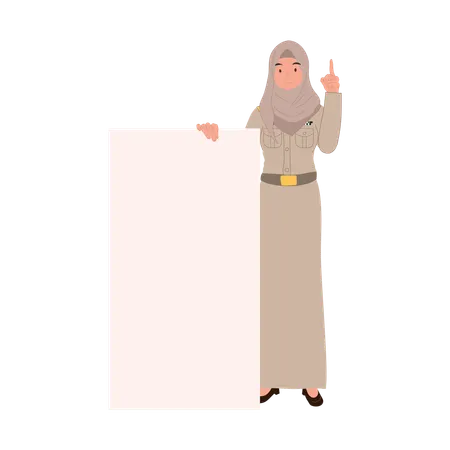 Thai muslim female teacher in government uniform holding blank sign  Illustration