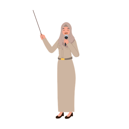 Thai Muslim female teacher in government uniform speaking with microphone  Illustration