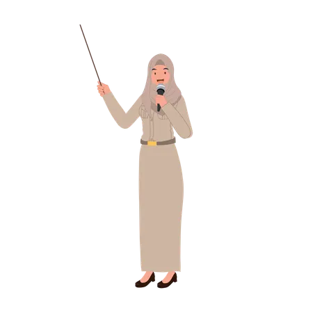 Thai Muslim female teacher in government uniform speaking with microphone  Illustration