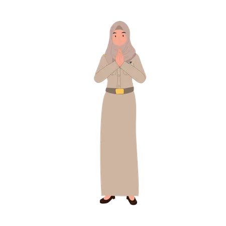 Thai muslim teacher greeting with respect in traditional  Illustration