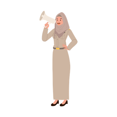 Thai muslim teacher in government uniform using megaphone for education  Illustration