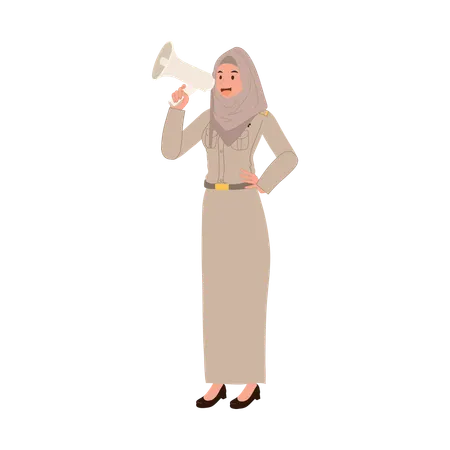 Thai muslim teacher in government uniform using megaphone for education  Illustration