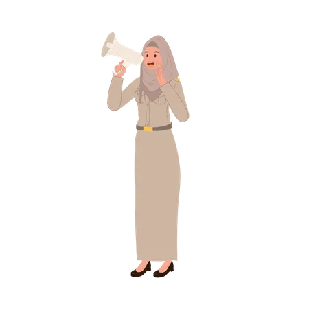 Thai muslim teacher in government uniform using megaphone for education  Illustration