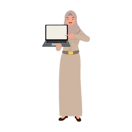 Thai muslim teacher in hijab explaining lessons with laptop  Illustration