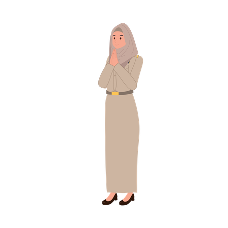 Thai muslim teacher in uniform greeting with respect  Illustration