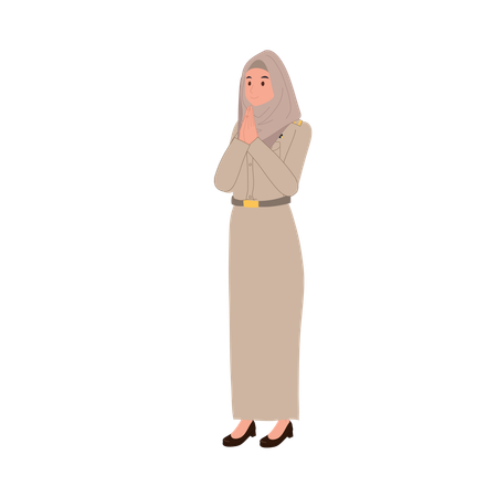 Thai muslim teacher in uniform greeting with respect  Illustration