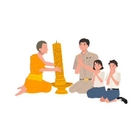 Thai school students with teacher present Buddhist Lent candles to monks  Illustration