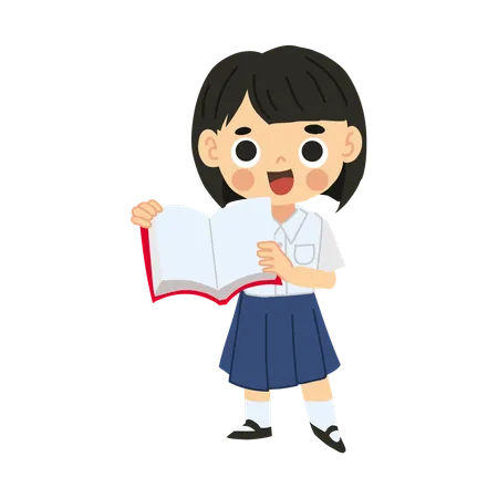 Adorable Cartoon Character Of Thai Schoolgirl Engaged In Reading Illustration
