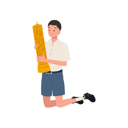 Thai student boy kneeling with buddhist lent candle during temple ceremony  Illustration