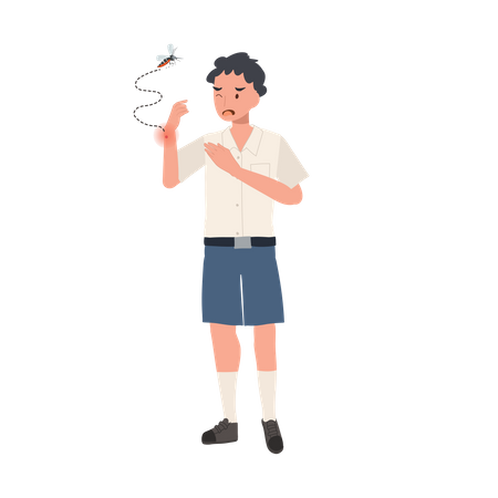 Thai student boy with Mosquito Bites Scratching Itchy Skin in Summertime  イラスト