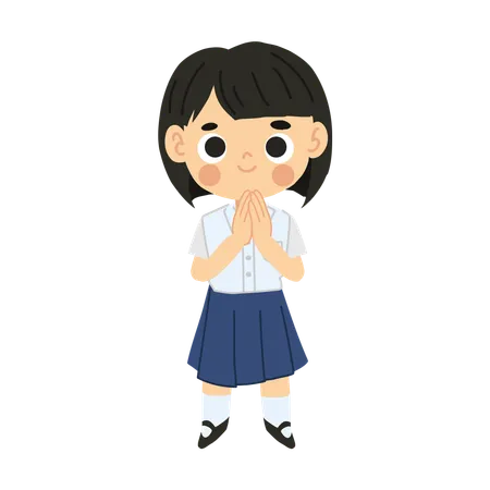Thai Student Girl In Cute Kawaii Cartoon Style Character Is Sawasdee Greeting Illustration
