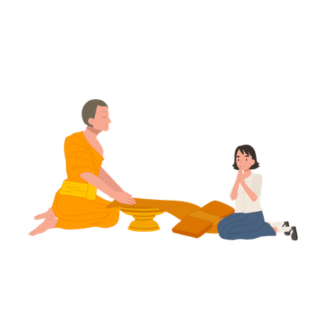 Thai student girl offers bathing robe to monk during Buddhist Lent  Illustration