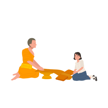 Thai student girl offers bathing robe to monk during Buddhist Lent  Illustration