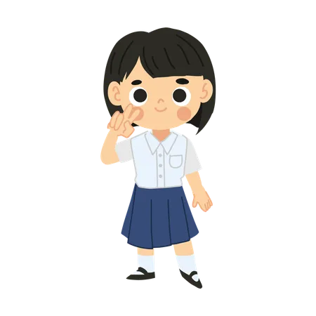 Thai Student Girl Cartoon Character In Cute Kawaii Style Smiling Happily Illustration