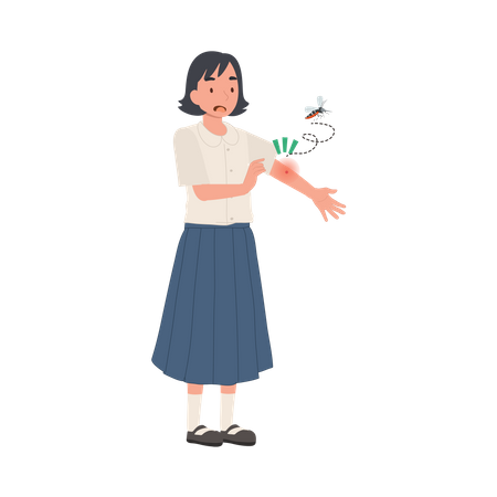 Thai student girl with Mosquito Bites Scratching Itchy Skin in Summertime  イラスト