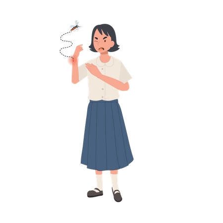 Thai student girl with Mosquito Bites Scratching Itchy Skin in Summertime  Illustration