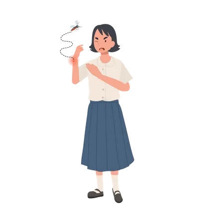Thai student girl with Mosquito Bites Scratching Itchy Skin in Summertime  イラスト