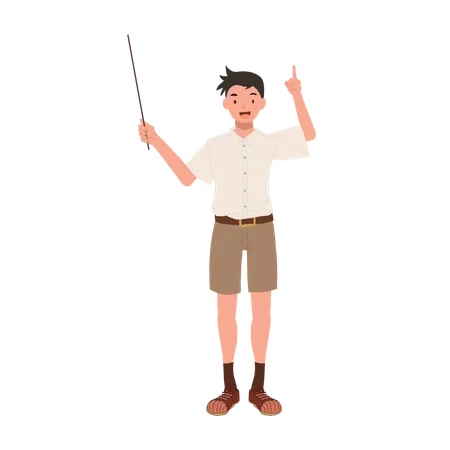 Thai Student in Uniform and Explaining with Pointing Stick  Illustration