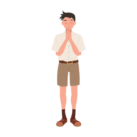 Thai Student in Uniform Engaging in Traditional Wai Sawasdee Greeting Gesture  Illustration