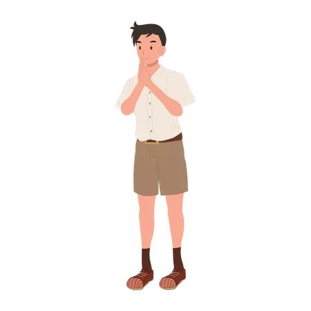 Thai Student in Uniform Engaging in Traditional Wai Sawasdee Greeting Gesture  Illustration