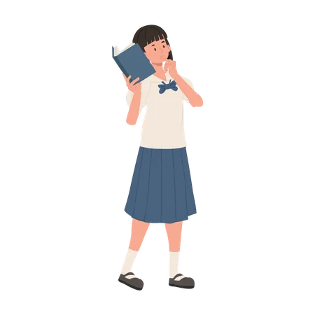 Thai Student in Uniform thinking with Book  イラスト