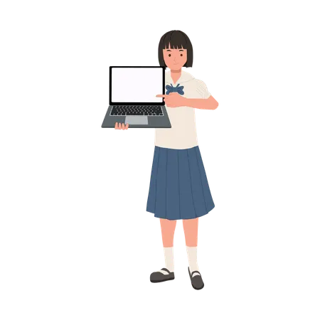 E Learning Concept School Technology Thai Student In Uniform Using Laptop For Presentation Pointing To Laptop Illustration