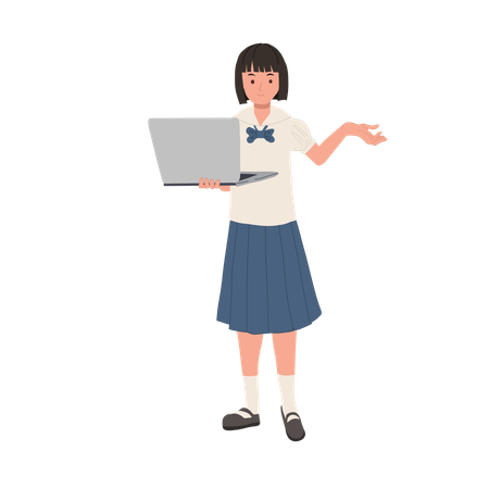 Thai Student in Uniform Using Laptop for Presentation  Illustration