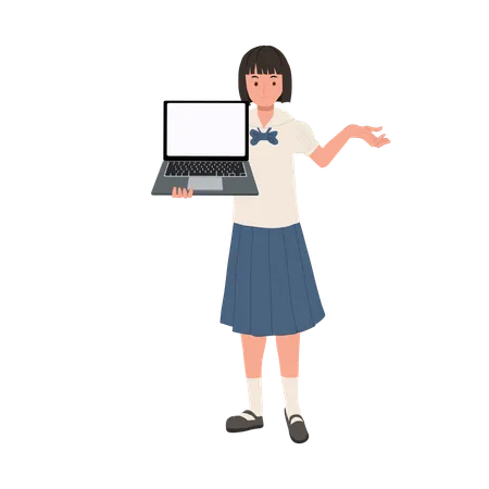 Thai Student in Uniform Using Laptop for Presentation  Illustration