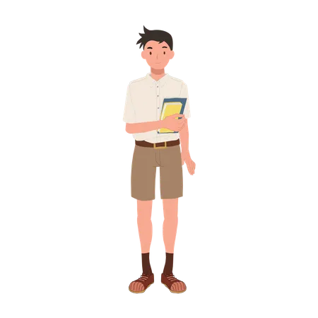 Learning And Knowledge Concept Happy Thai Student In Uniform With Books Signifying Intelligence Illustration