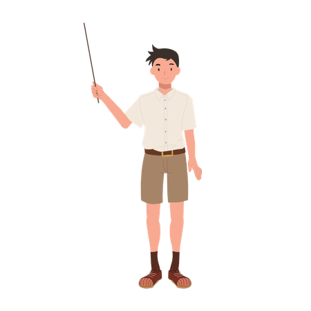 Thai Student Pointing Stick in Classroom  Illustration