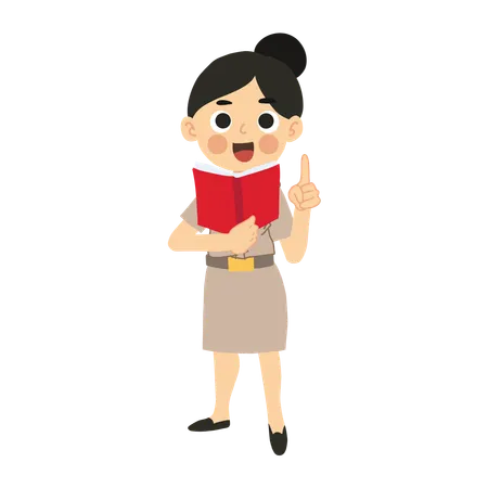 Education And Classroom Concept Happy Thai Teacher Pointing Index Finger To Emphasigi In Lesson On Book イラスト