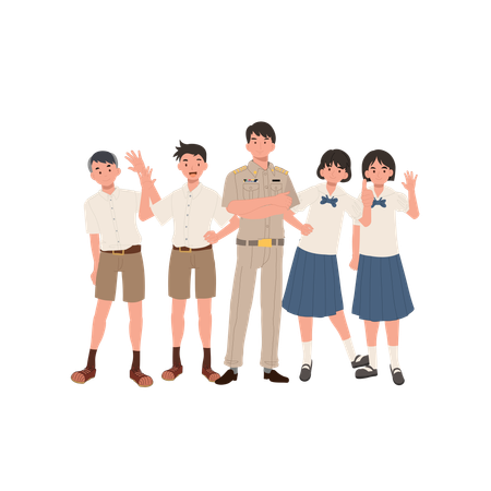 Thai teacher in uniform standing with asian students in school uniforms  Illustration