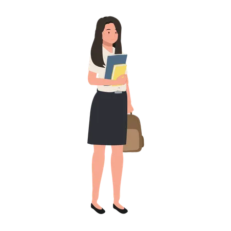 Thai University Girl Student in Uniform Holding Books  Illustration