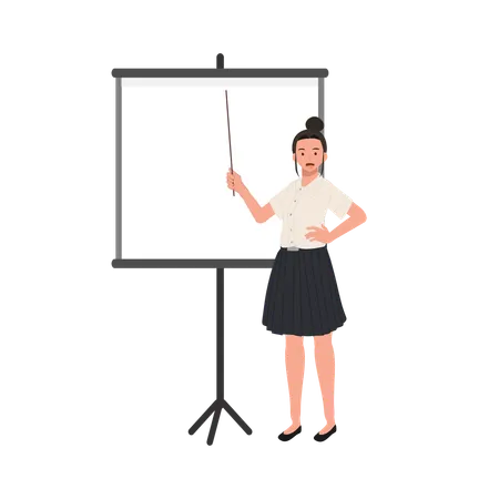 Thai University Student in Uniform Giving Presentation with Pointer and Whiteboard  Illustration