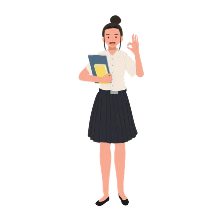 Thai University Student in Uniform Holding Books and doing OK hand sign gesture  Illustration