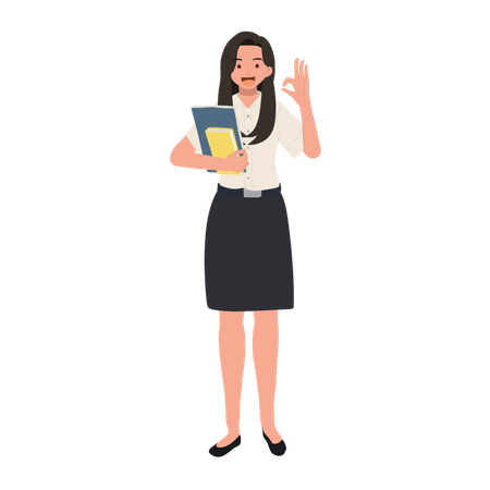 Thai University Student in Uniform Holding Books and doing OK hand sign gesture  イラスト