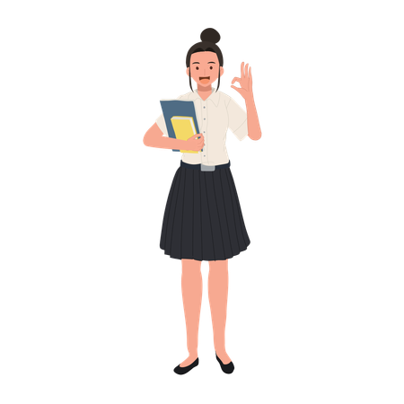 Thai University Student in Uniform Holding Books and doing OK hand sign gesture  イラスト