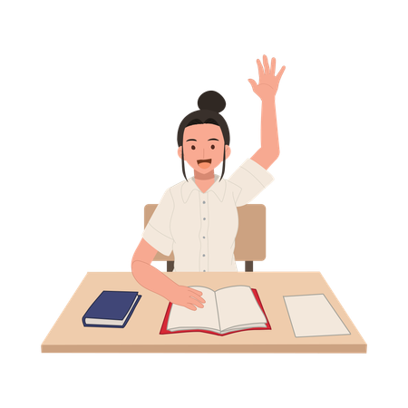 Thai University Student in Uniform Raises Hand for Question  イラスト