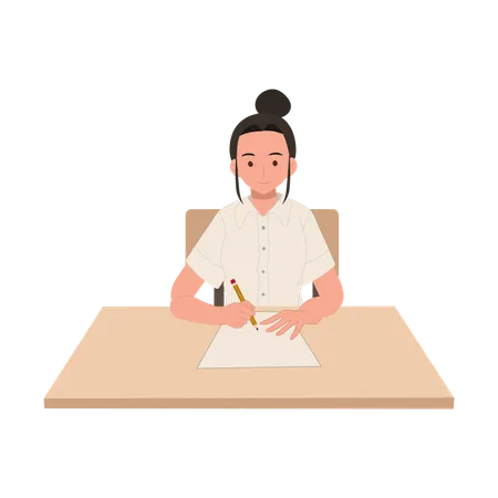 Thai University Student In Uniform Taking Exam Concentrated Asian Education Illustration